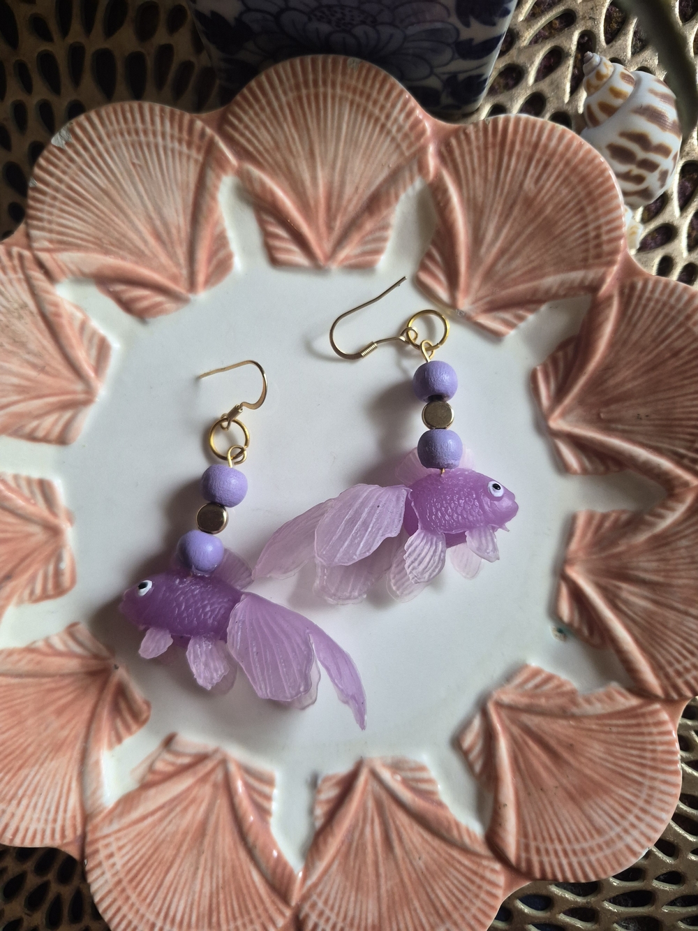 Purple Fish Dangle Earrings – Gold Accent